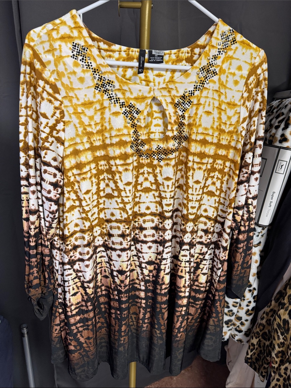 new directions Yellow Brown Ombre Tie-Dye Long Sleeve Tunic Dress